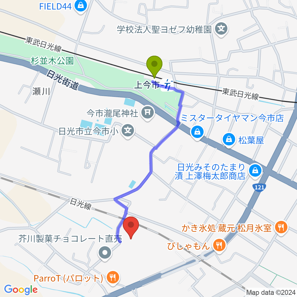 日光市今市文化会館の最寄駅上今市駅からの徒歩ルート（約8分）地図