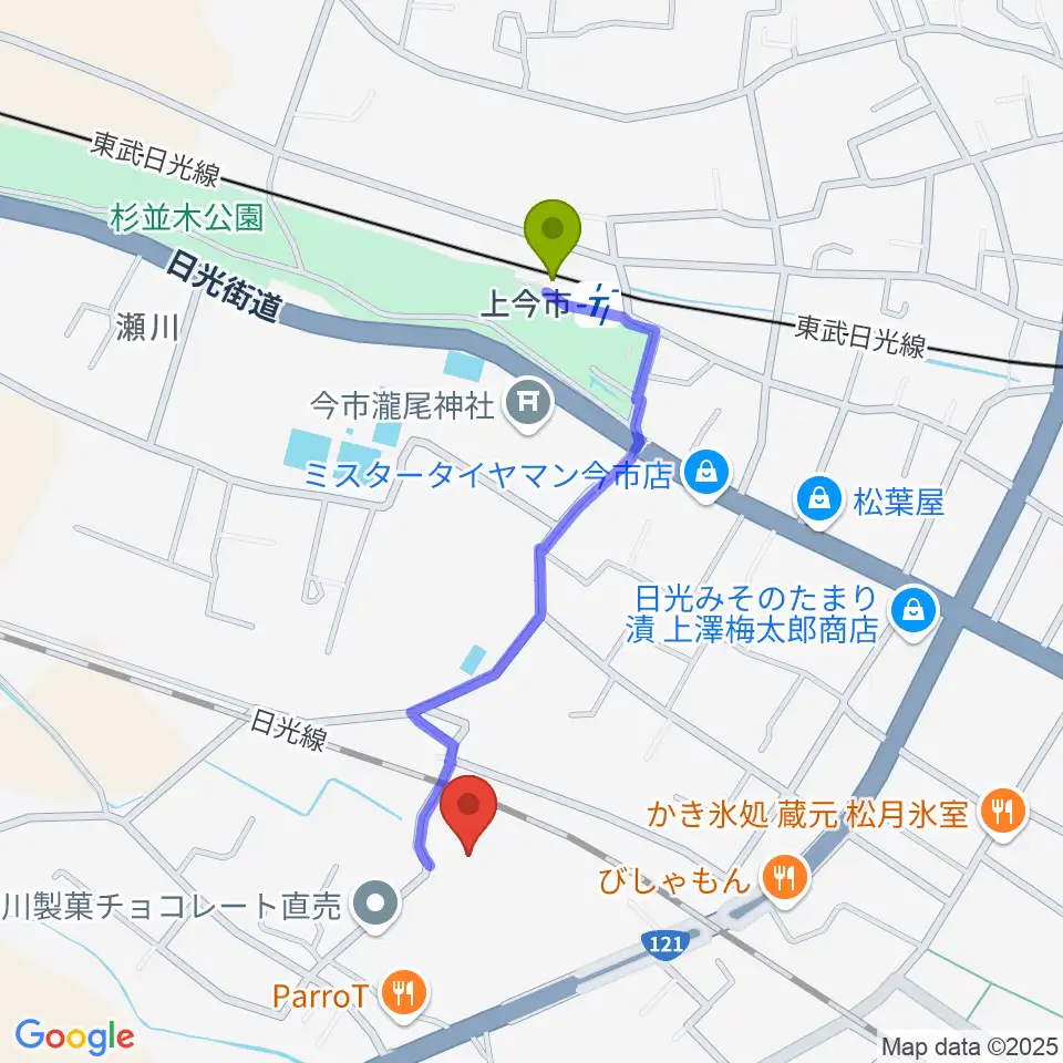 日光市今市文化会館の最寄駅上今市駅からの徒歩ルート（約8分）地図