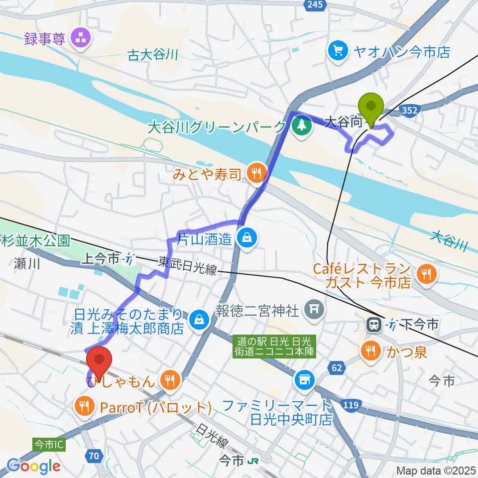 大谷向駅から日光市今市文化会館へのルートマップ地図