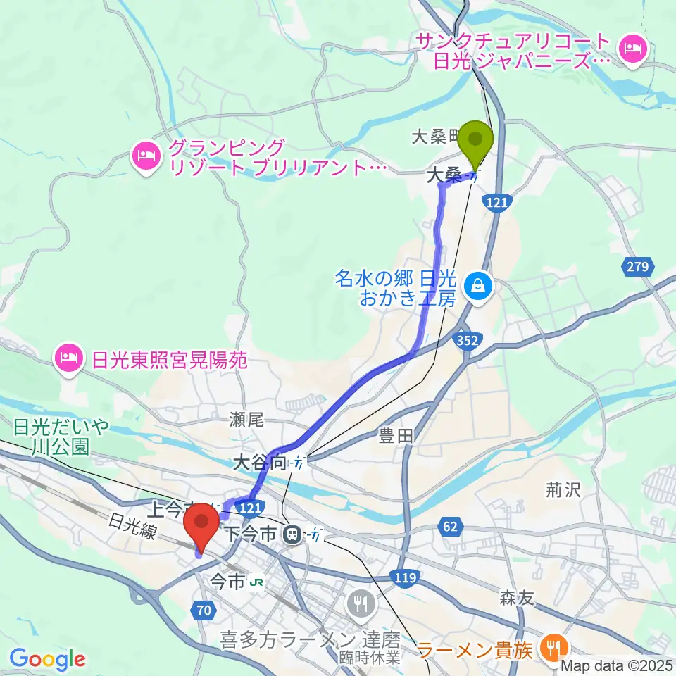大桑駅から日光市今市文化会館へのルートマップ地図