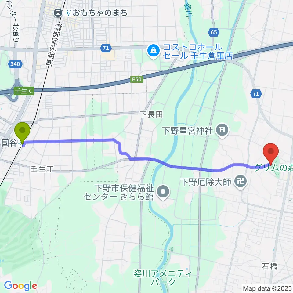 国谷駅からグリムの森・グリムの館へのルートマップ地図