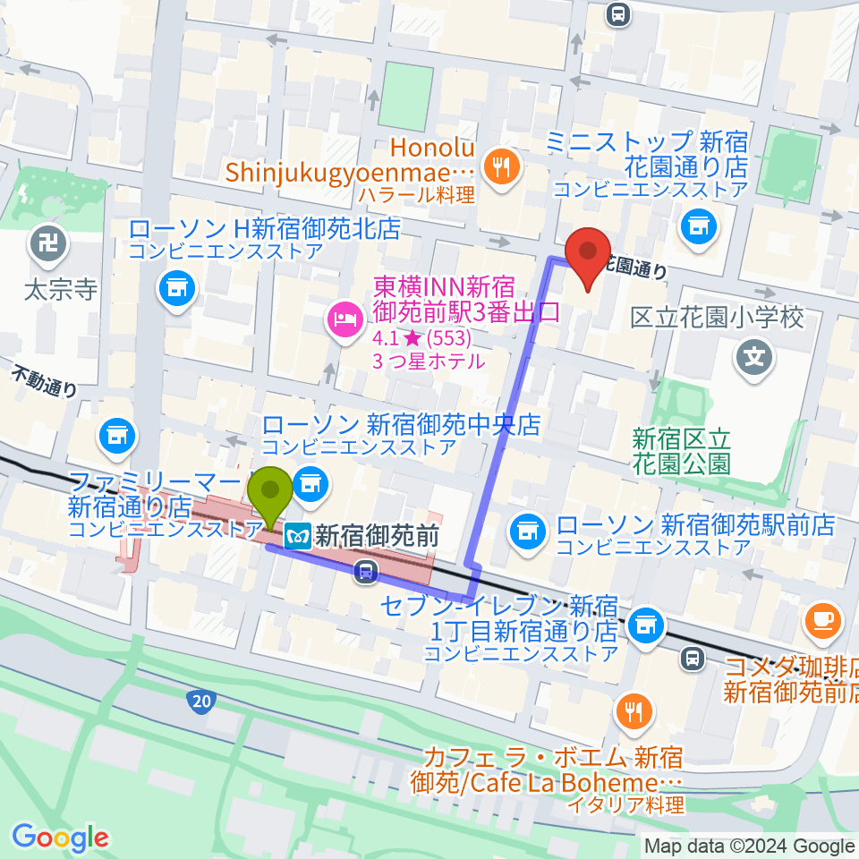 御苑ROSSO198の最寄駅新宿御苑前駅からの徒歩ルート（約4分）地図