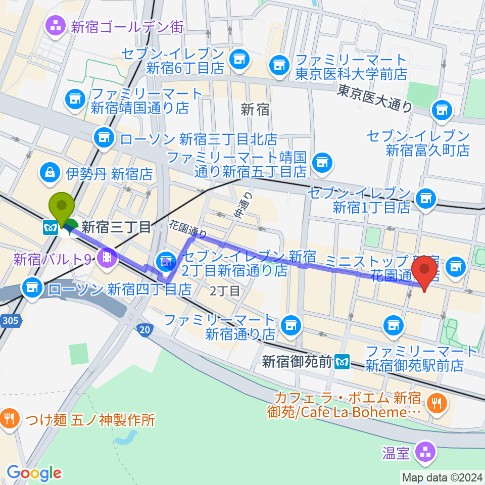 新宿三丁目駅から御苑ROSSO198へのルートマップ地図