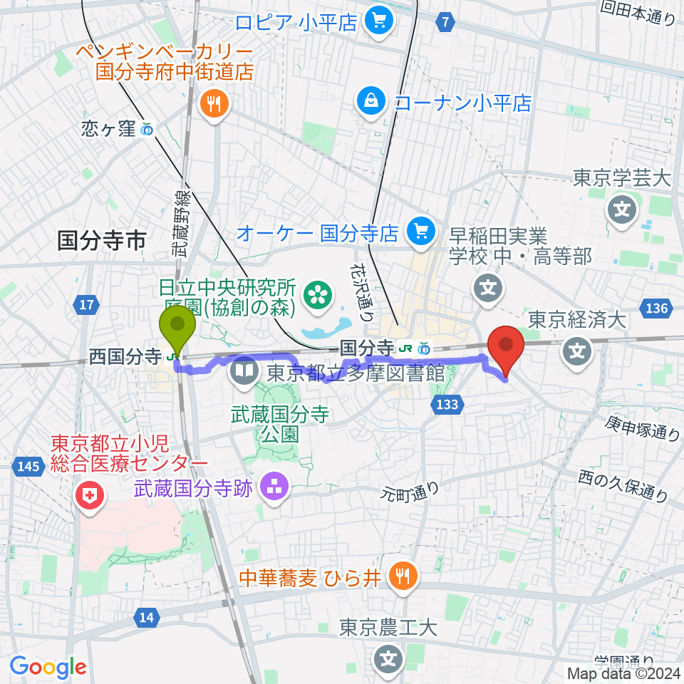 西国分寺駅からギター屋funk ojisanへのルートマップ地図