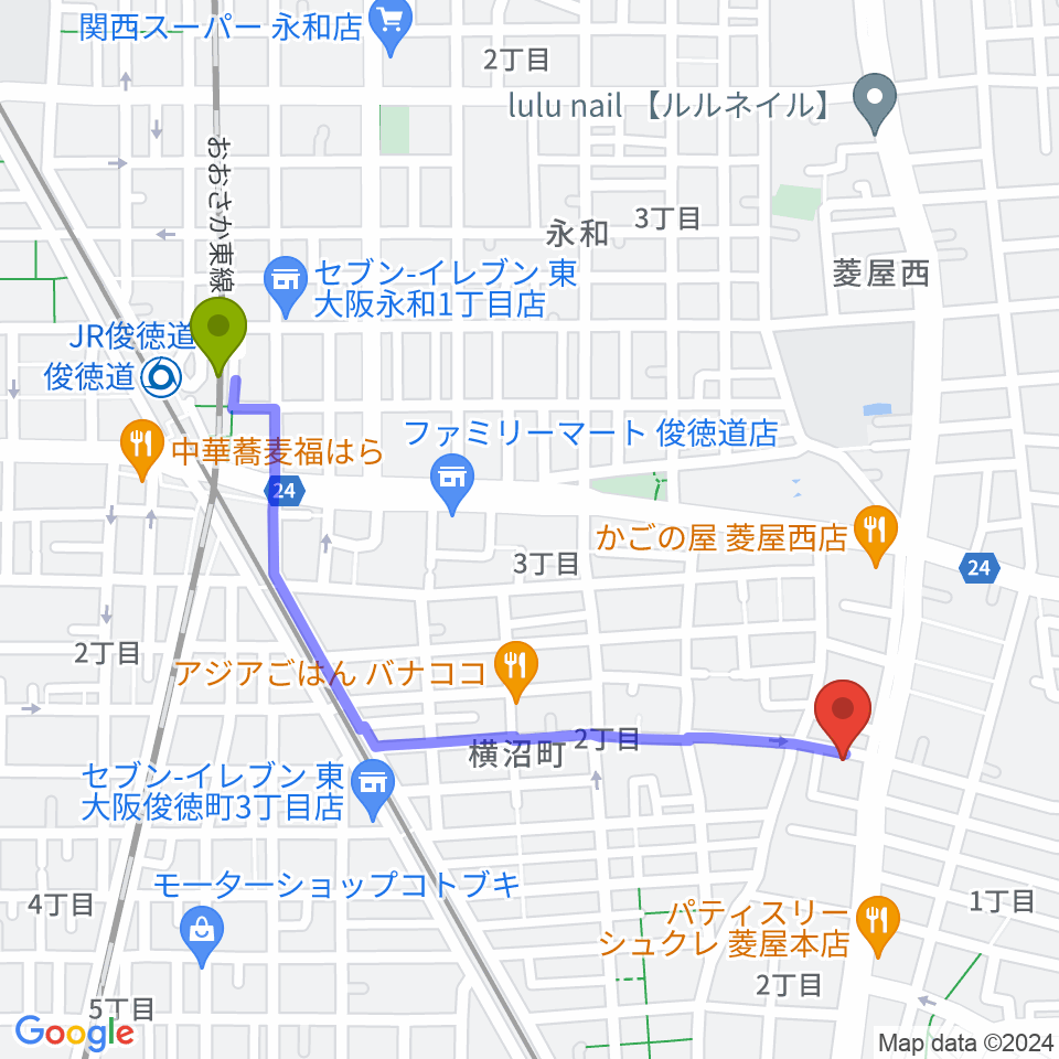 ＪＲ俊徳道駅から小林PIANO教室へのルートマップ地図