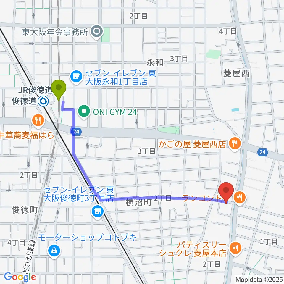 ＪＲ俊徳道駅から小林PIANO教室へのルートマップ地図