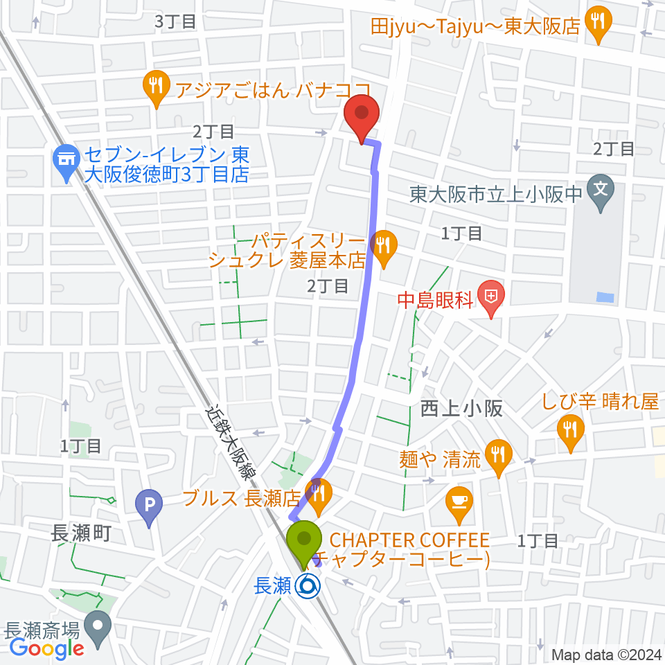小林PIANO教室の最寄駅長瀬駅からの徒歩ルート（約10分）地図