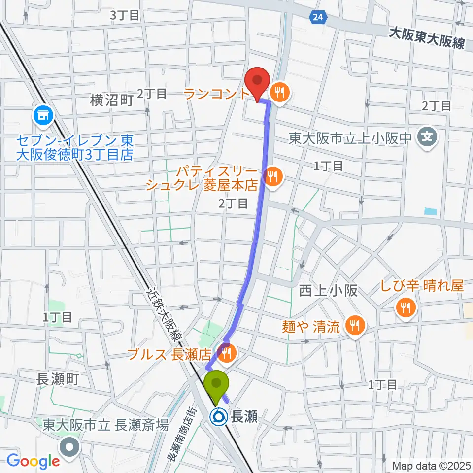 小林PIANO教室の最寄駅長瀬駅からの徒歩ルート（約10分）地図