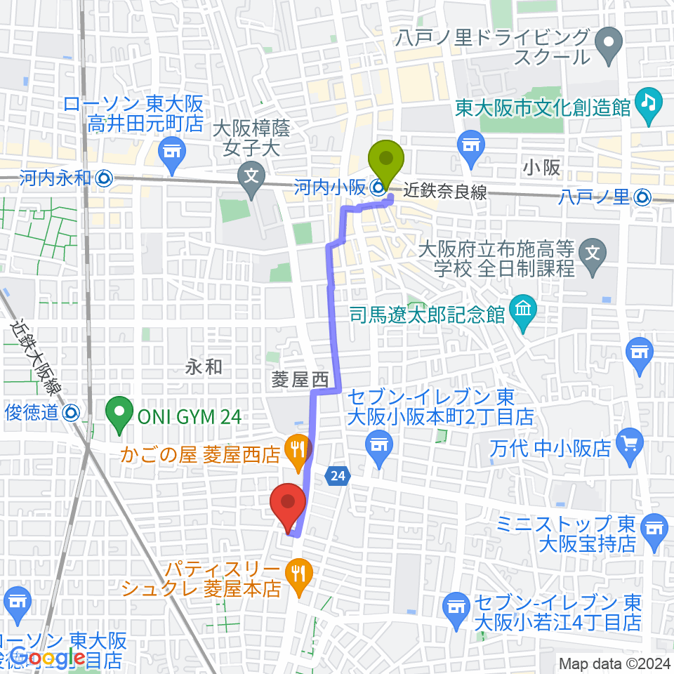 河内小阪駅から小林PIANO教室へのルートマップ地図