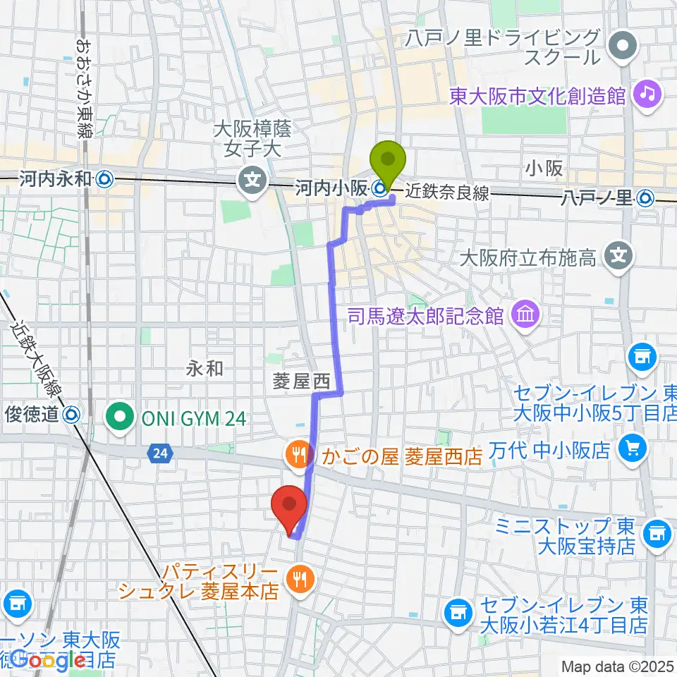 河内小阪駅から小林PIANO教室へのルートマップ地図
