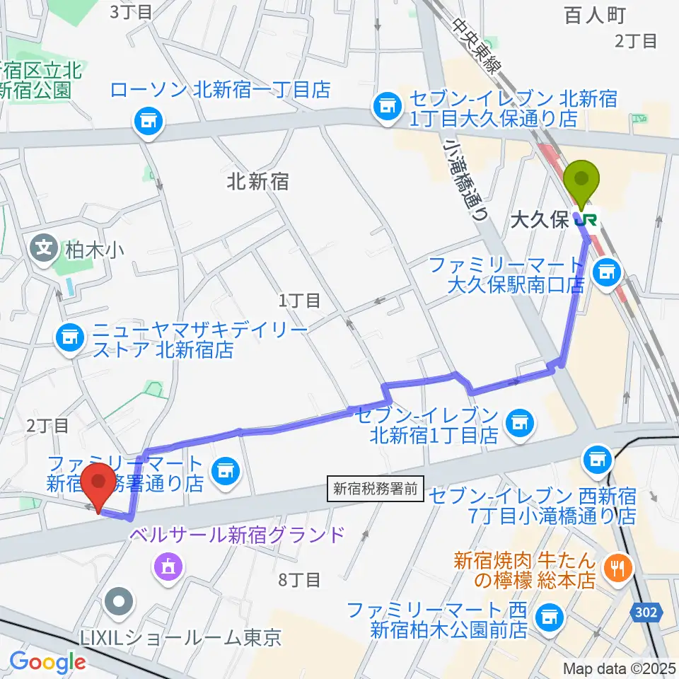 大久保駅から新宿村LIVEへのルートマップ地図