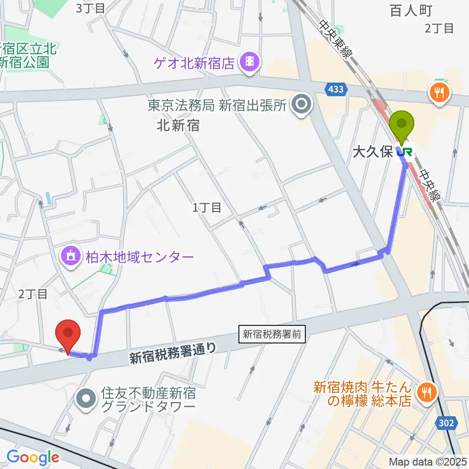 大久保駅から新宿村LIVEへのルートマップ地図