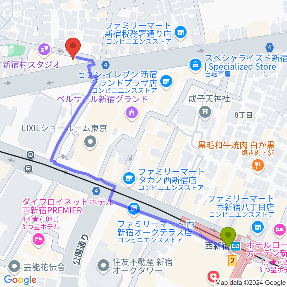 新宿村LIVEの最寄駅西新宿駅からの徒歩ルート（約7分）地図