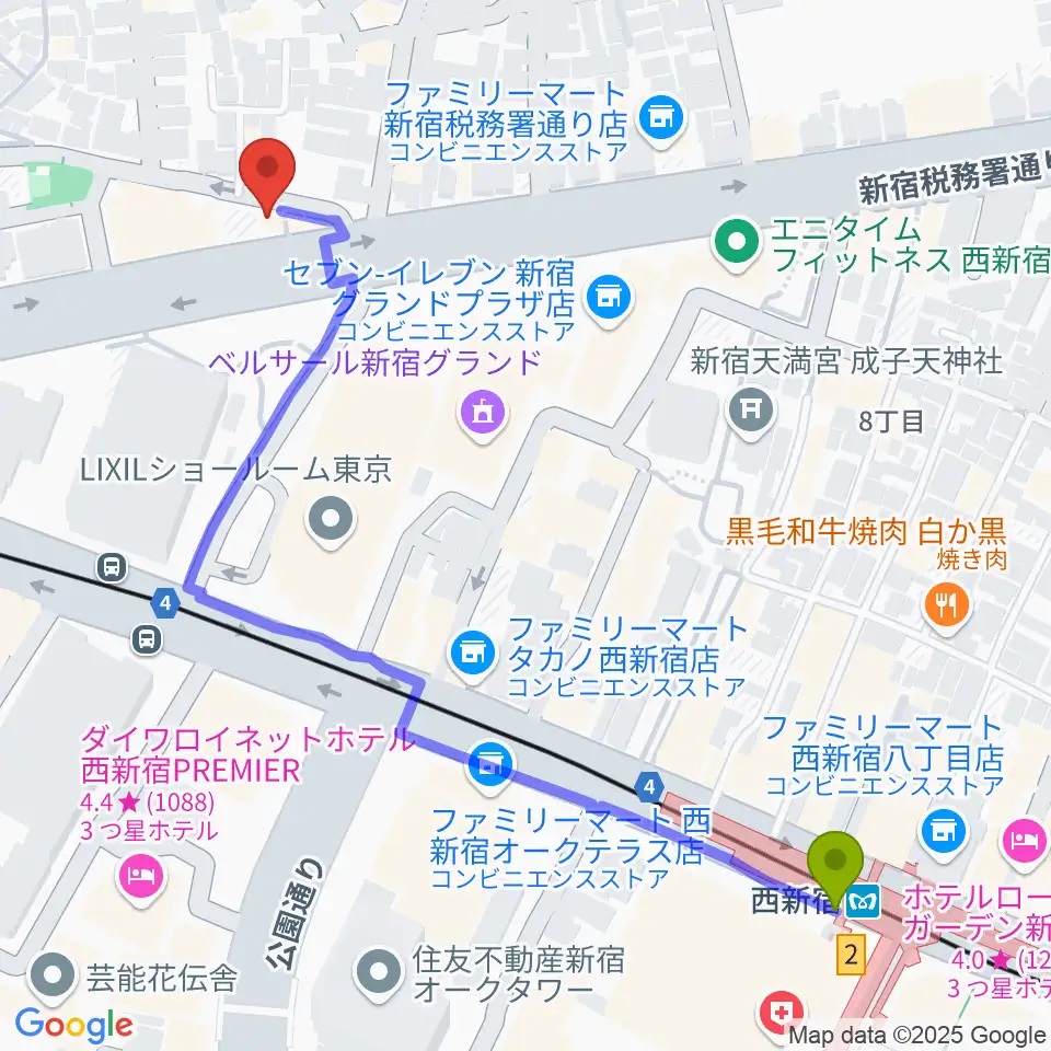 新宿村LIVEの最寄駅西新宿駅からの徒歩ルート（約7分）地図