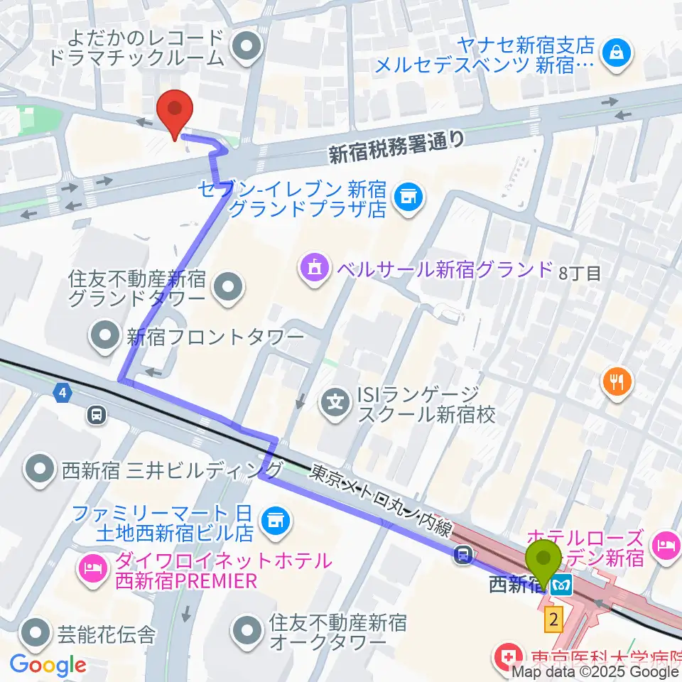 新宿村LIVEの最寄駅西新宿駅からの徒歩ルート（約7分）地図
