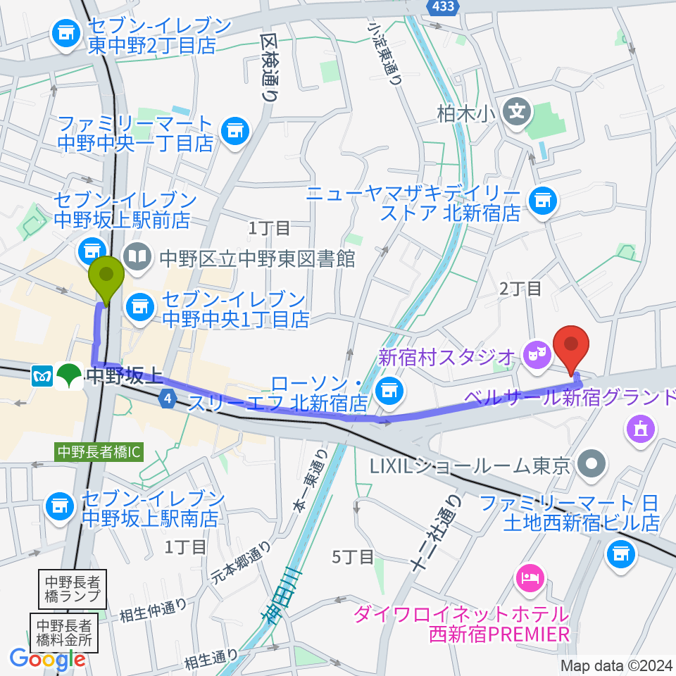 中野坂上駅から新宿村LIVEへのルートマップ地図