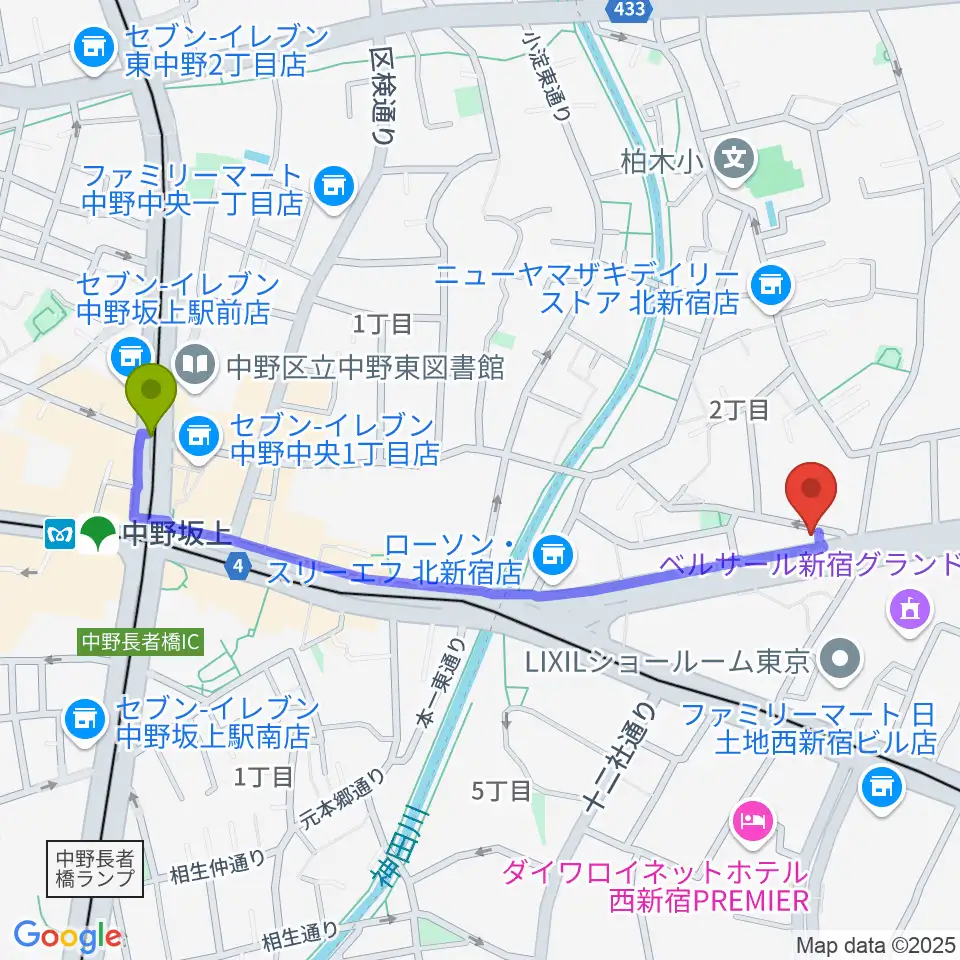 中野坂上駅から新宿村LIVEへのルートマップ地図