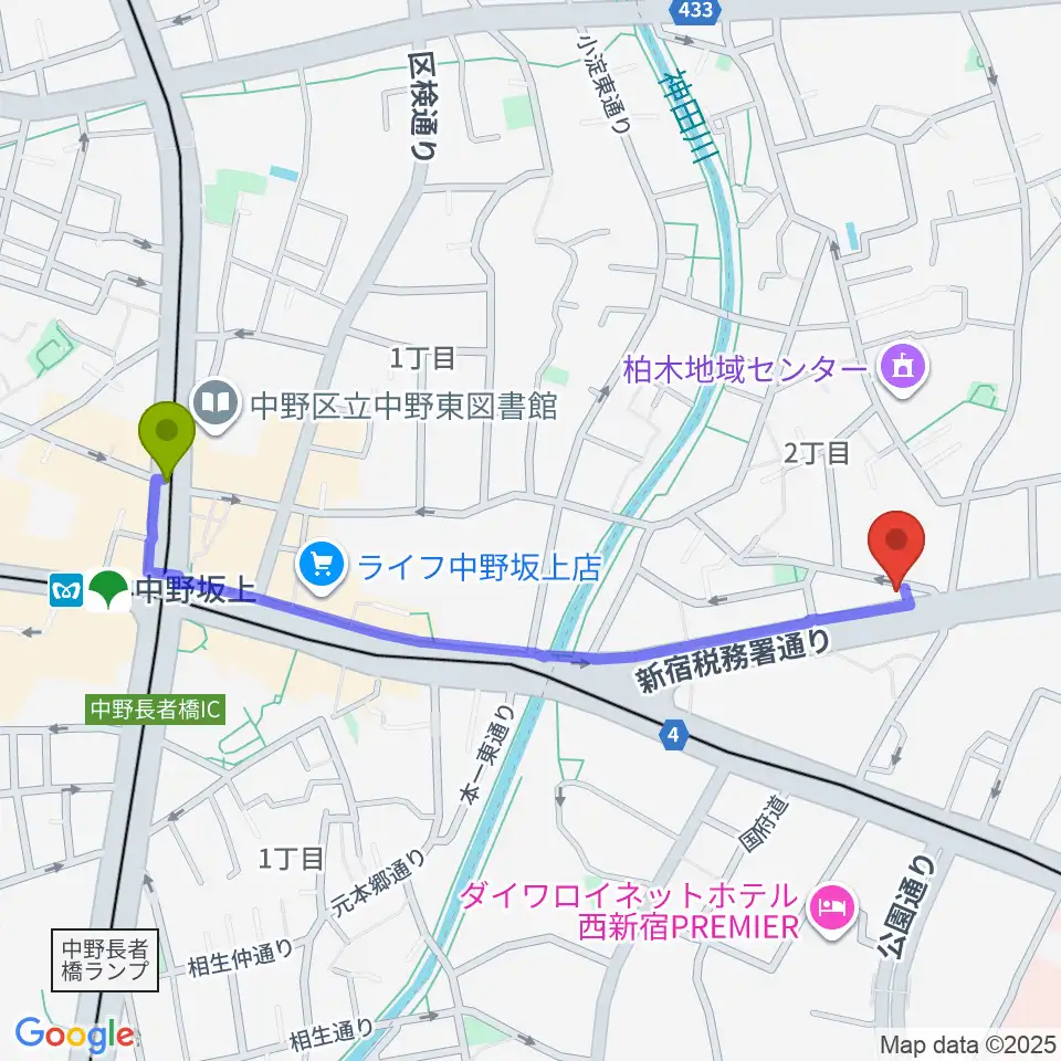 中野坂上駅から新宿村LIVEへのルートマップ地図