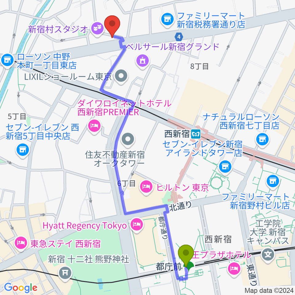 都庁前駅から新宿村LIVEへのルートマップ地図