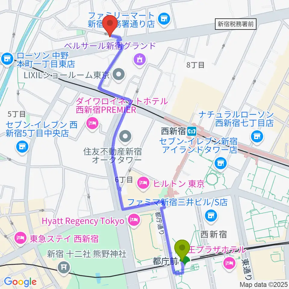 都庁前駅から新宿村LIVEへのルートマップ地図