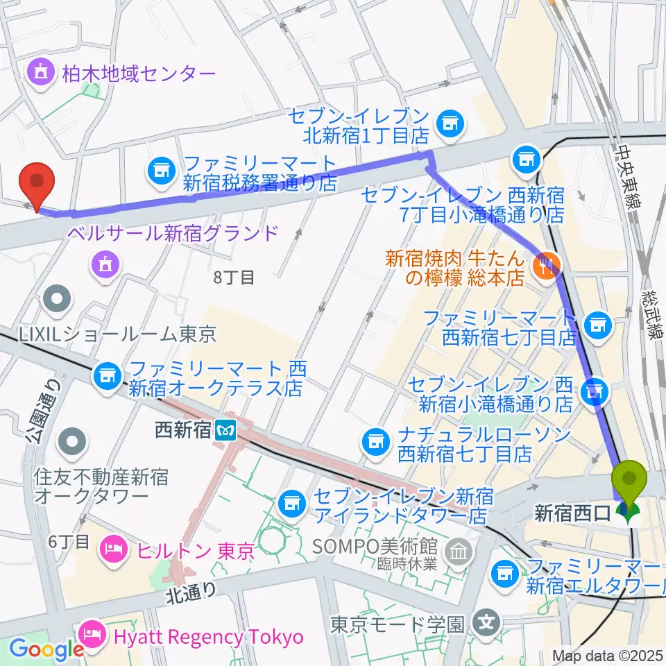 新宿西口駅から新宿村LIVEへのルートマップ地図
