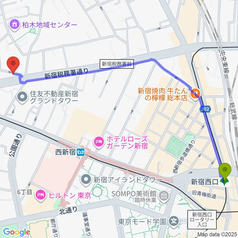 新宿西口駅から新宿村LIVEへのルートマップ地図