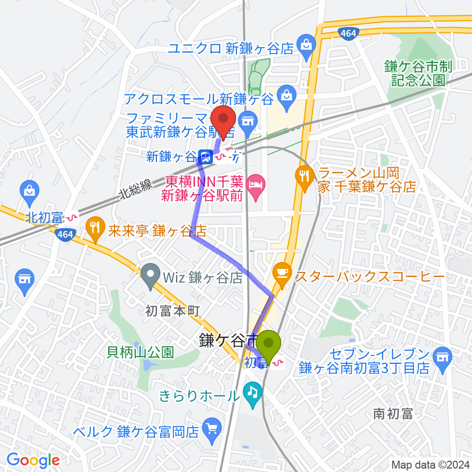 初富駅から新鎌ヶ谷エムティー・ミリーズへのルートマップ地図
