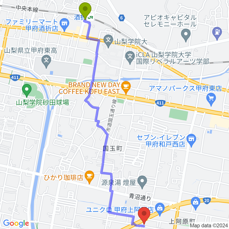 ボデガー東スタジオの最寄駅酒折駅からの徒歩ルート（約29分）地図