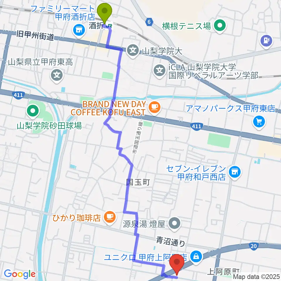 ボデガー東スタジオの最寄駅酒折駅からの徒歩ルート（約29分）地図