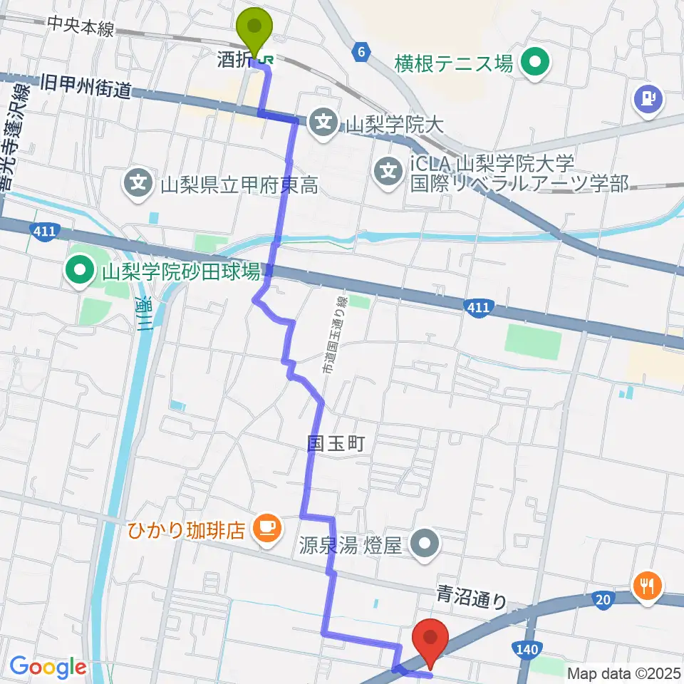 ボデガー東スタジオの最寄駅酒折駅からの徒歩ルート（約29分）地図