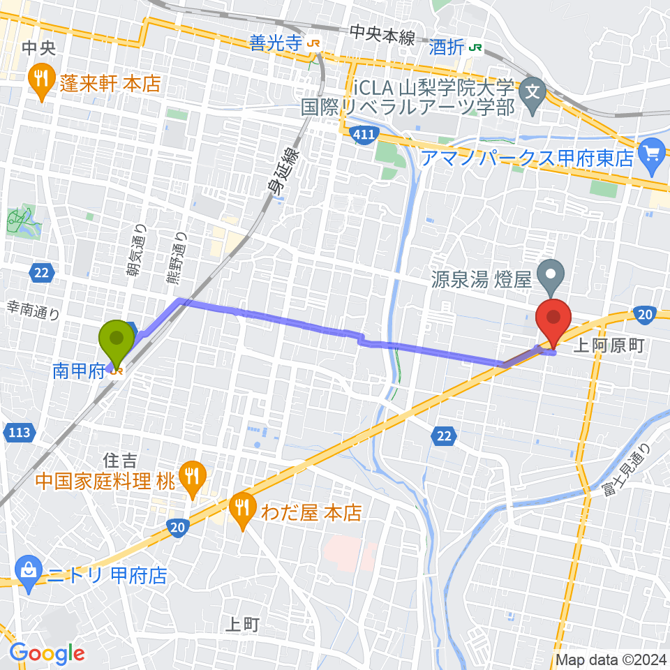 南甲府駅からボデガー東スタジオへのルートマップ地図