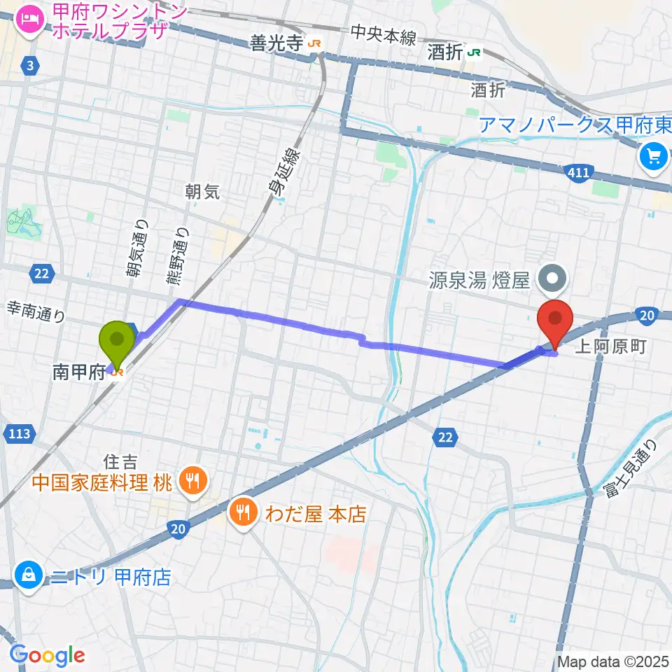 南甲府駅からボデガー東スタジオへのルートマップ地図