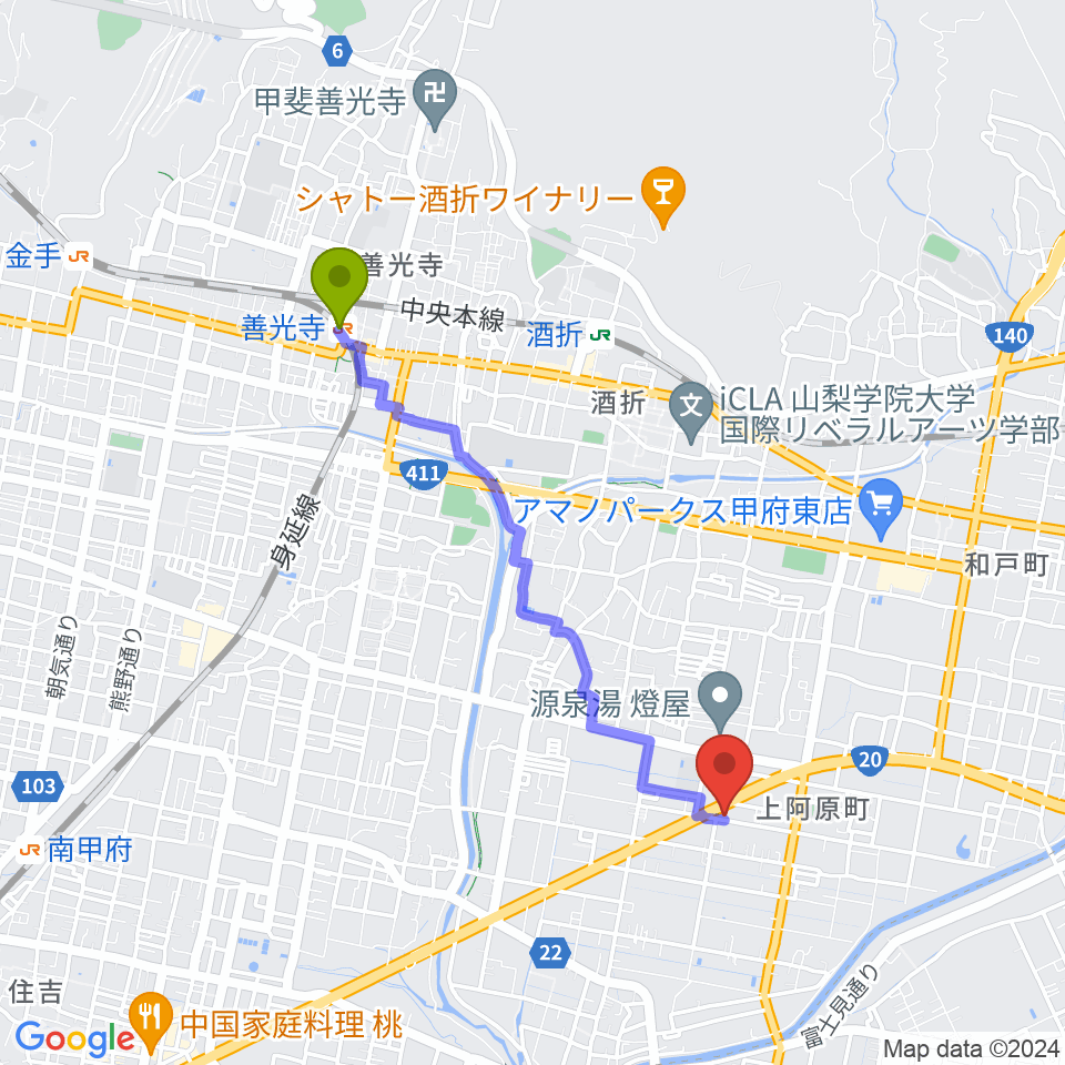 善光寺駅からボデガー東スタジオへのルートマップ地図
