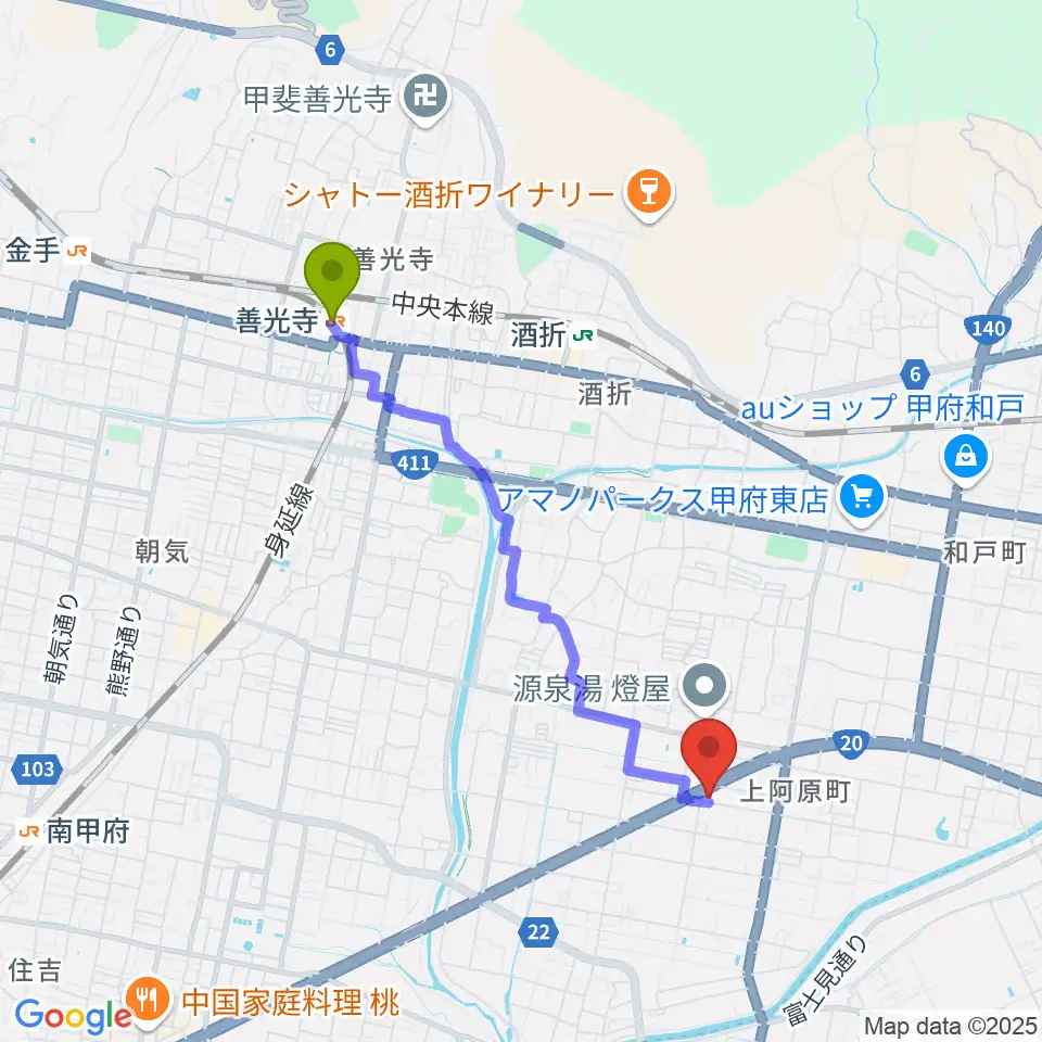 善光寺駅からボデガー東スタジオへのルートマップ地図