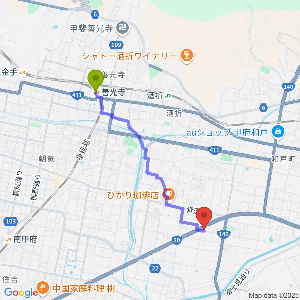 善光寺駅からボデガー東スタジオへのルートマップ地図