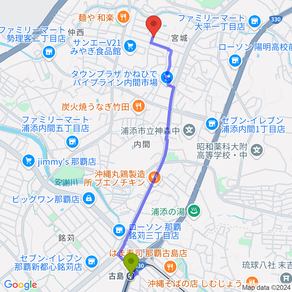 ミュージックスクールグローリアの最寄駅古島駅からの徒歩ルート（約28分）地図