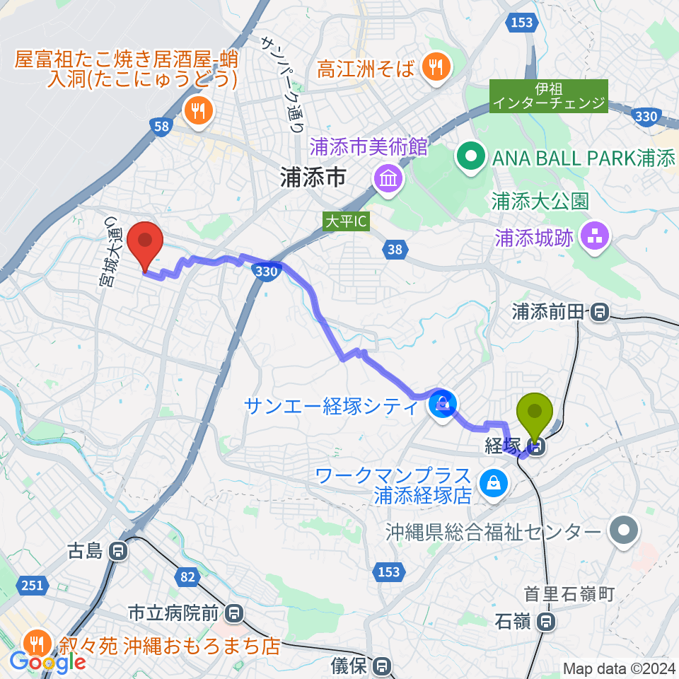 経塚駅からミュージックスクールグローリアへのルートマップ地図