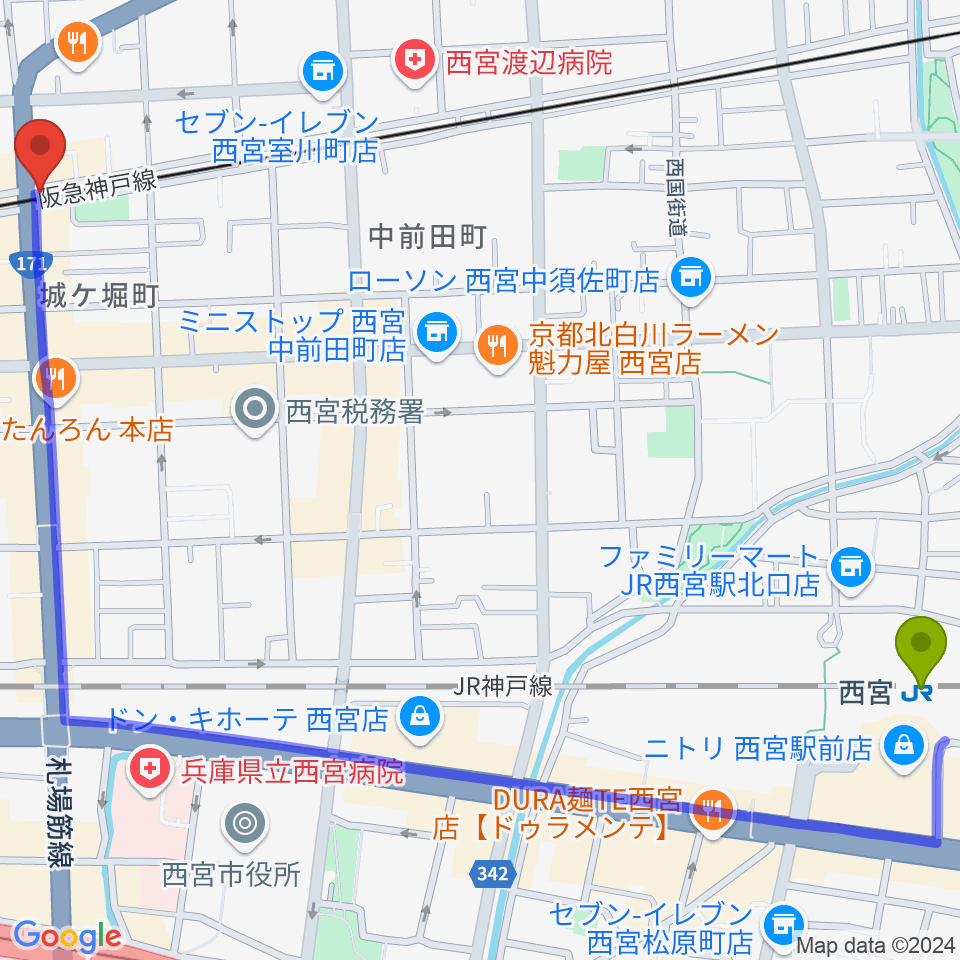 西宮駅からスタジオクリアへのルートマップ地図