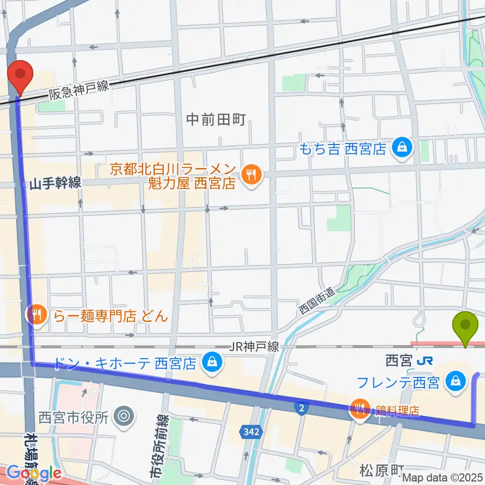 西宮駅からスタジオクリアへのルートマップ地図