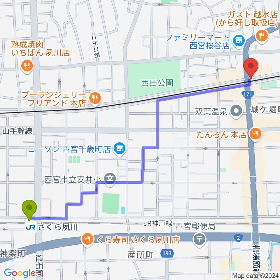 さくら夙川駅からスタジオクリアへのルートマップ地図