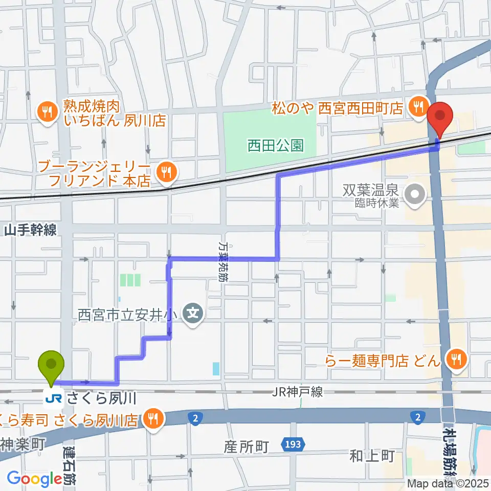 さくら夙川駅からスタジオクリアへのルートマップ地図