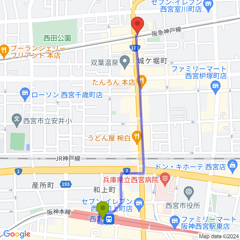 スタジオクリアの最寄駅西宮駅からの徒歩ルート（約12分）地図
