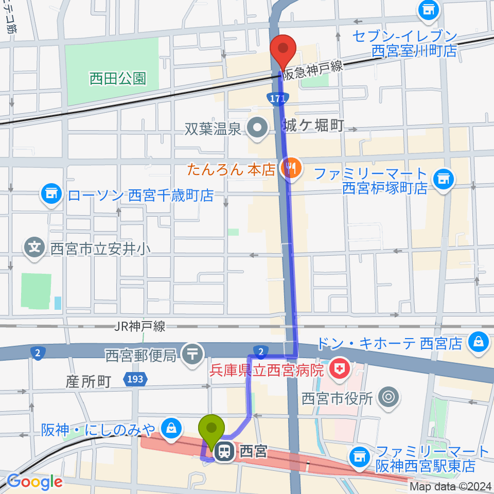 スタジオクリアの最寄駅西宮駅からの徒歩ルート（約12分）地図