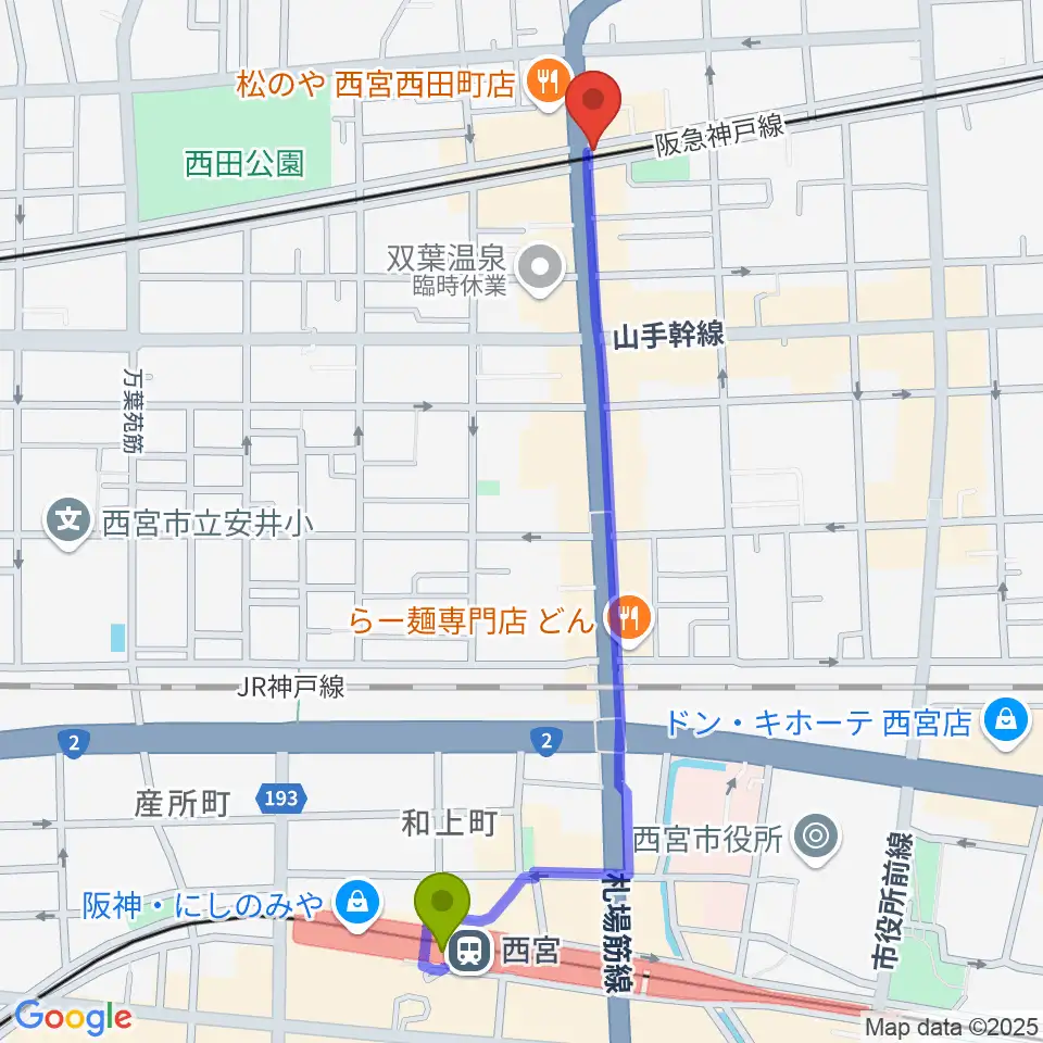 スタジオクリアの最寄駅西宮駅からの徒歩ルート（約12分）地図