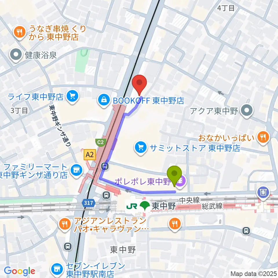 アバロンミュージックスクール東中野校の最寄駅東中野駅からの徒歩ルート（約3分）地図