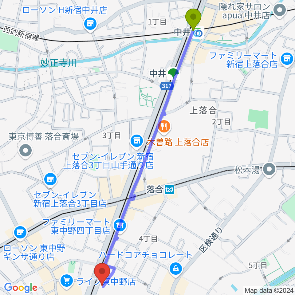 中井駅からアバロンミュージックスクール東中野校へのルートマップ地図