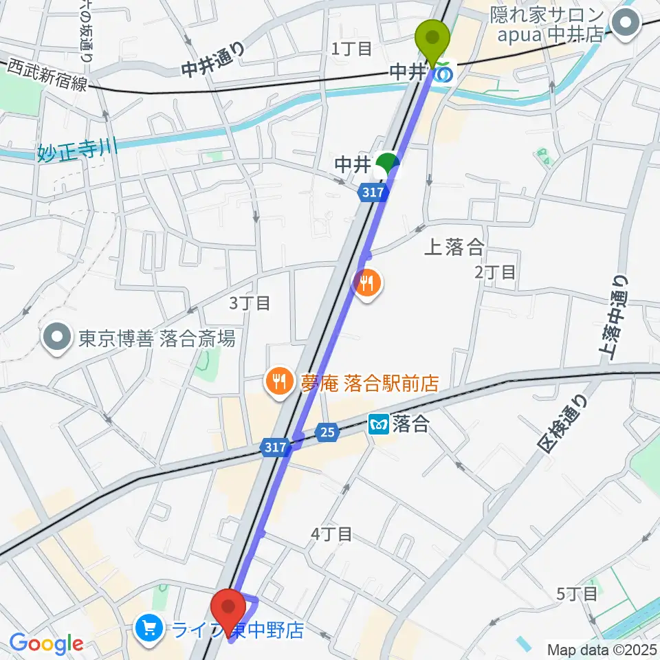 中井駅からアバロンミュージックスクール東中野校へのルートマップ地図