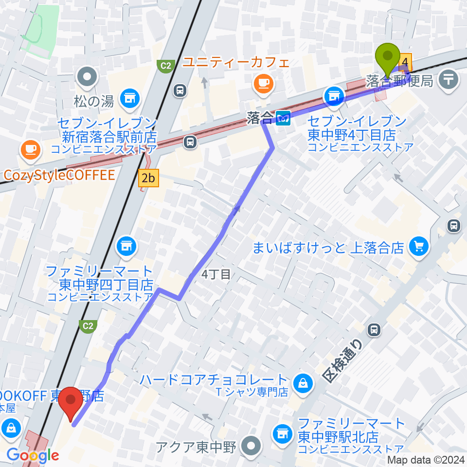 落合駅からアバロンミュージックスクール東中野校へのルートマップ地図