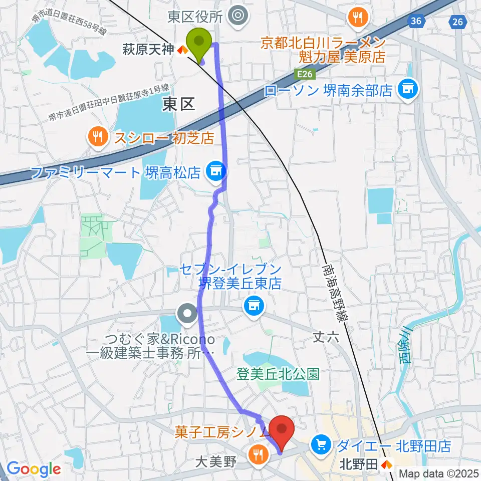 萩原天神駅からエレガントアカデミーへのルートマップ地図