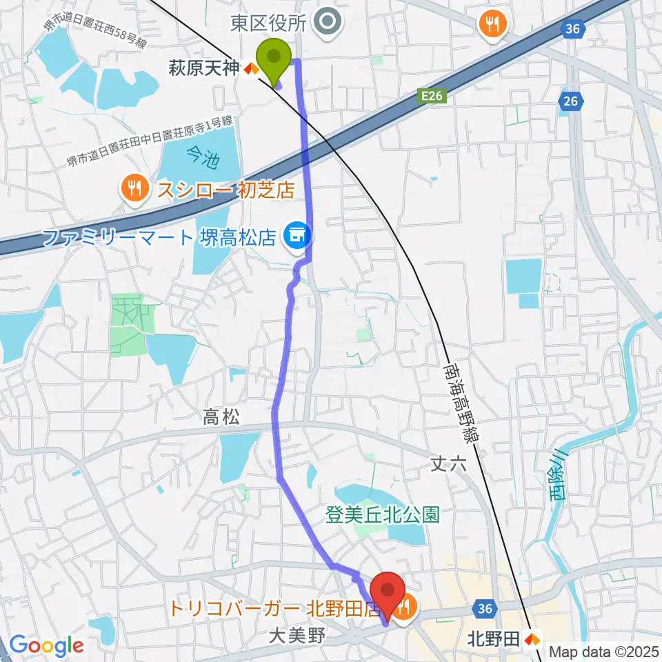 萩原天神駅からエレガントアカデミーへのルートマップ地図